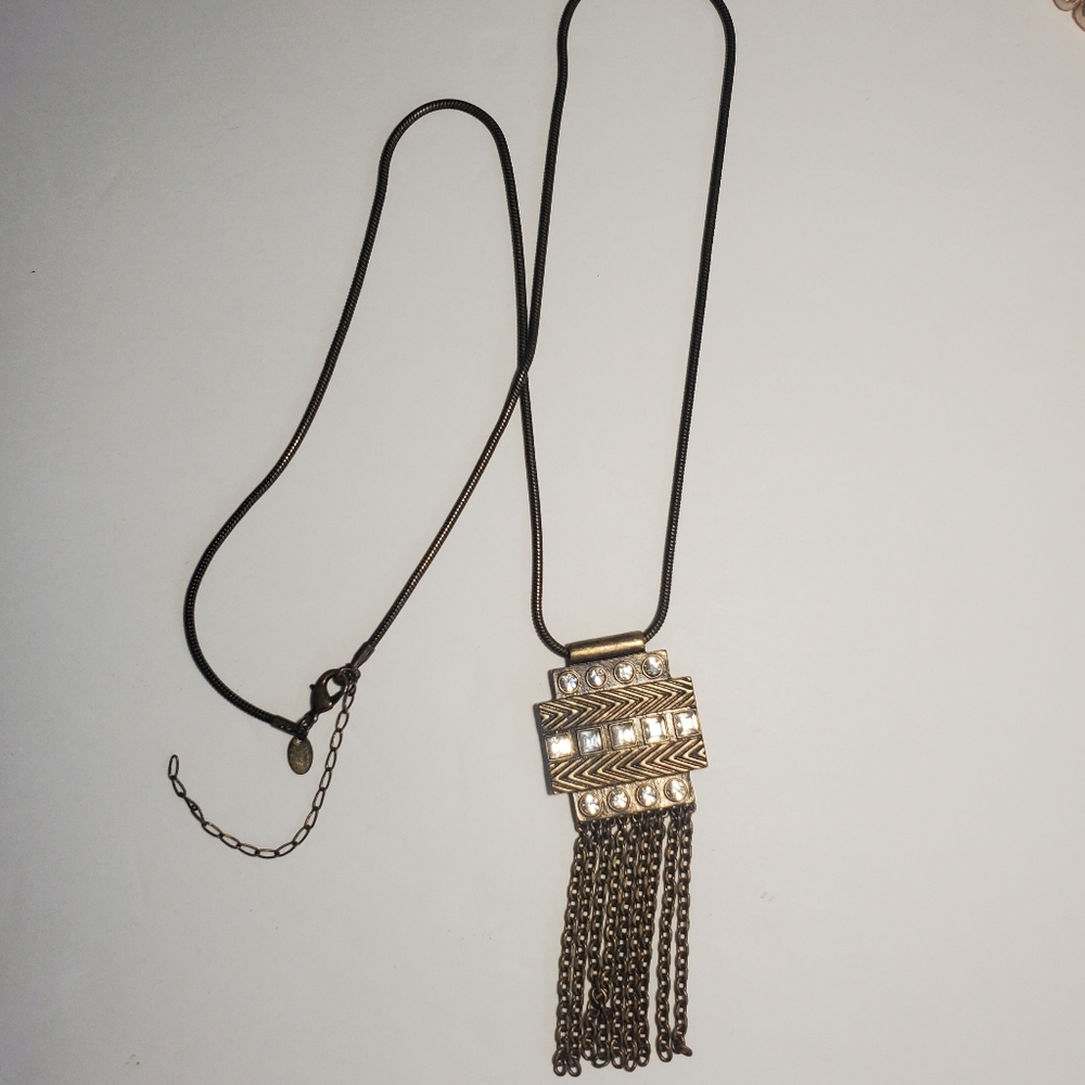 Lia Sophia Brass Rhinestone Chain Tassel Pendant Necklace